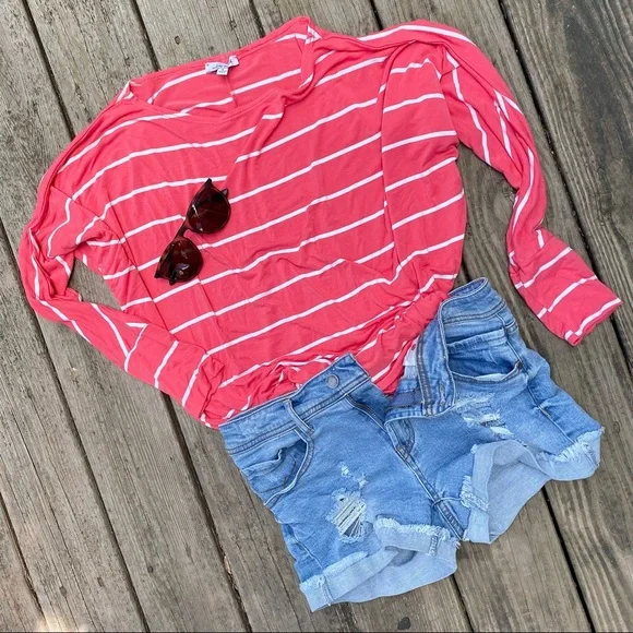 Bright Coral and White Stripe Dolman-Style Top | Legging Friendly | Size M - Picture 5 of 7